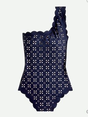 J.Crew Navy Scalloped One Shoulder Swimsuit Laser Cut Out One Piece Size 8